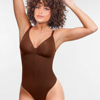 Stefanie Zipper - Seamless Plunge Bodysuit – Breast Support and Internal Clips