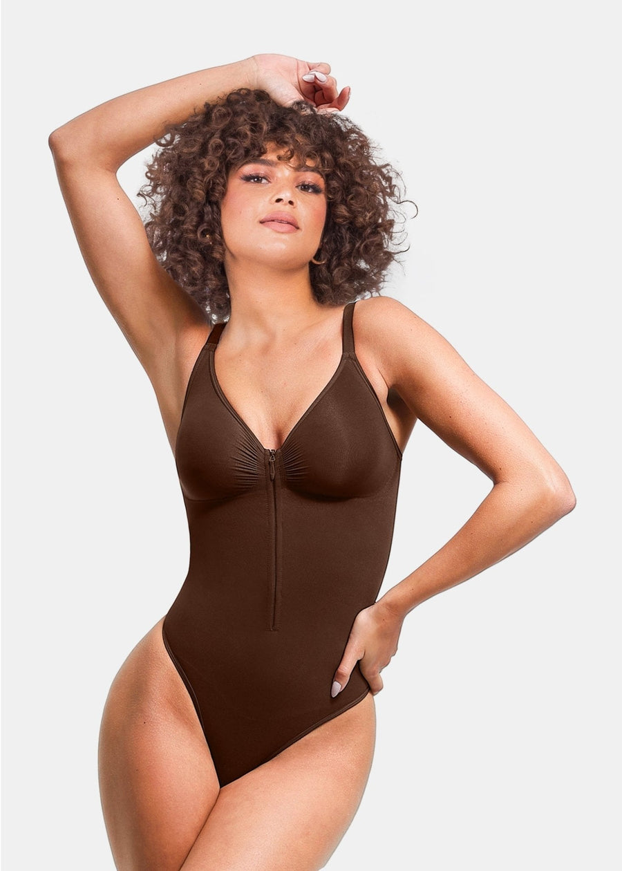 Stefanie Zipper - Seamless Plunge Bodysuit – Breast Support and Internal Clips